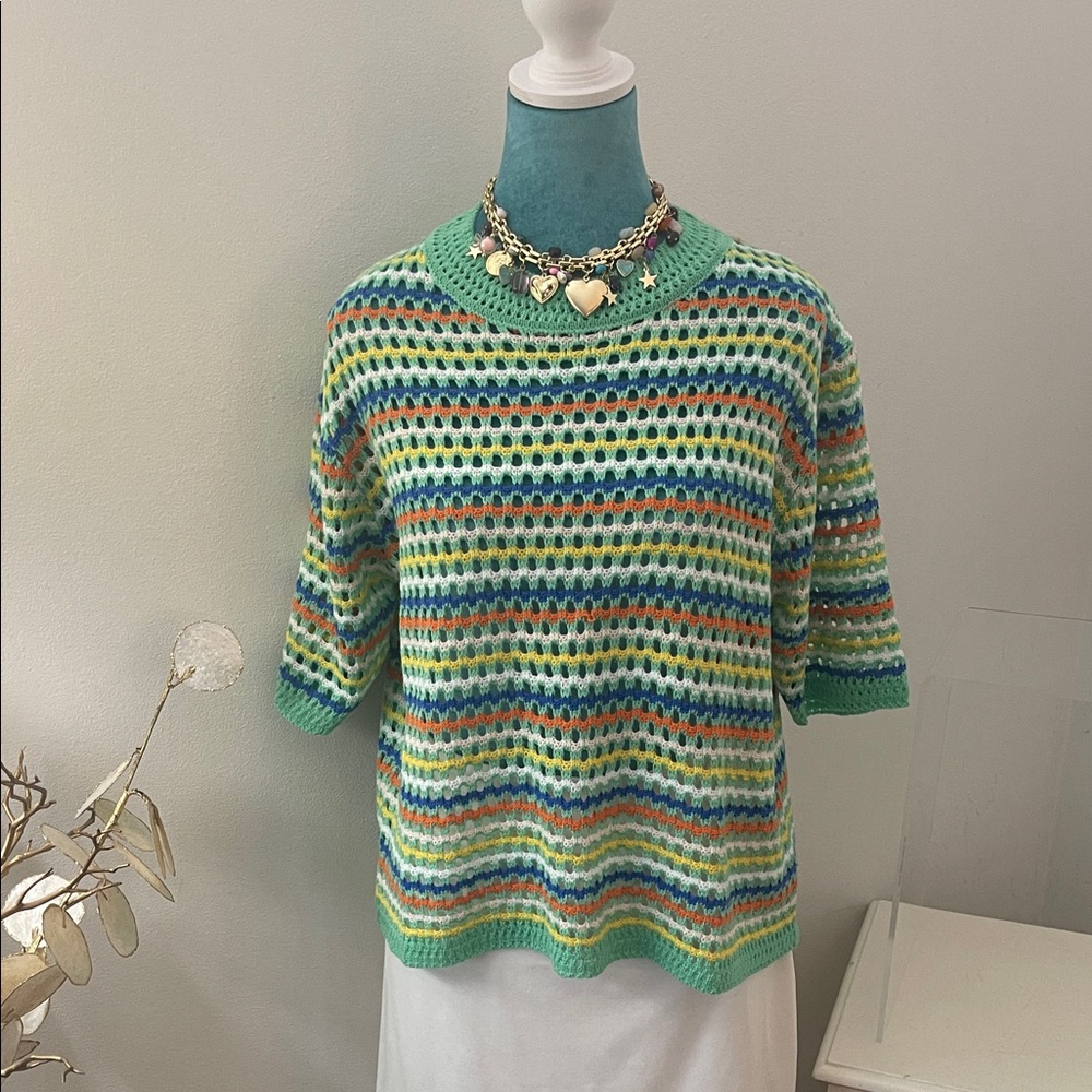 Striped Green Pastel Short-Sleeve Crochet Knit Sweater